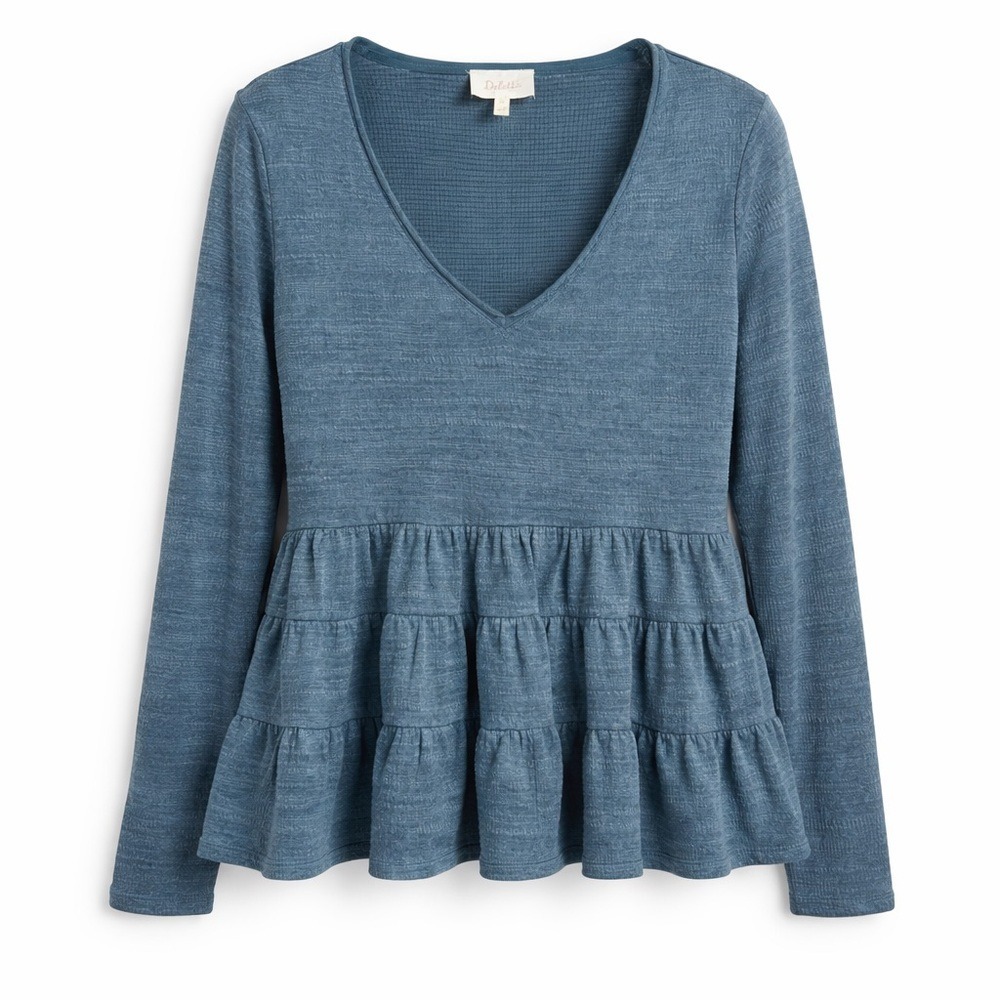Deletta Anthropologie Blue Gray Slub Knit Tiered‎ Peplum V-Neck Top XS - Picture 9 of 9